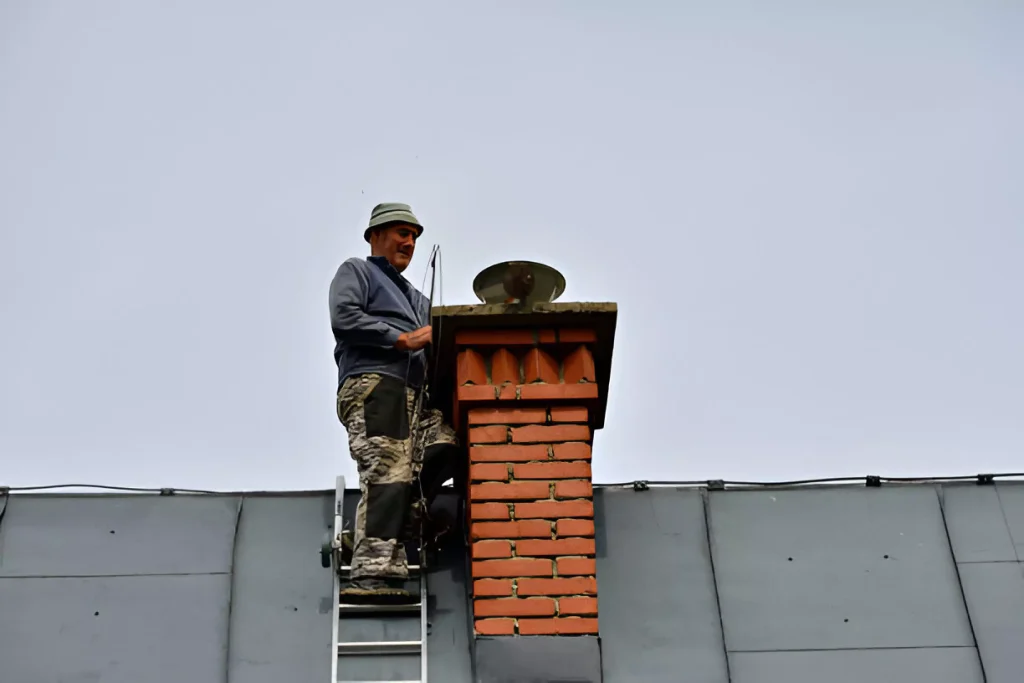 A technician standing on a ladder inspecting the top of a brick chimney with a damper cap.