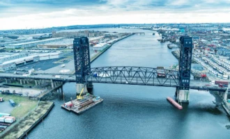 Hackensack, NJ Aerial view of Hackensack River and lift bridge surrounded by industrial buildings in Hackensack, NJ